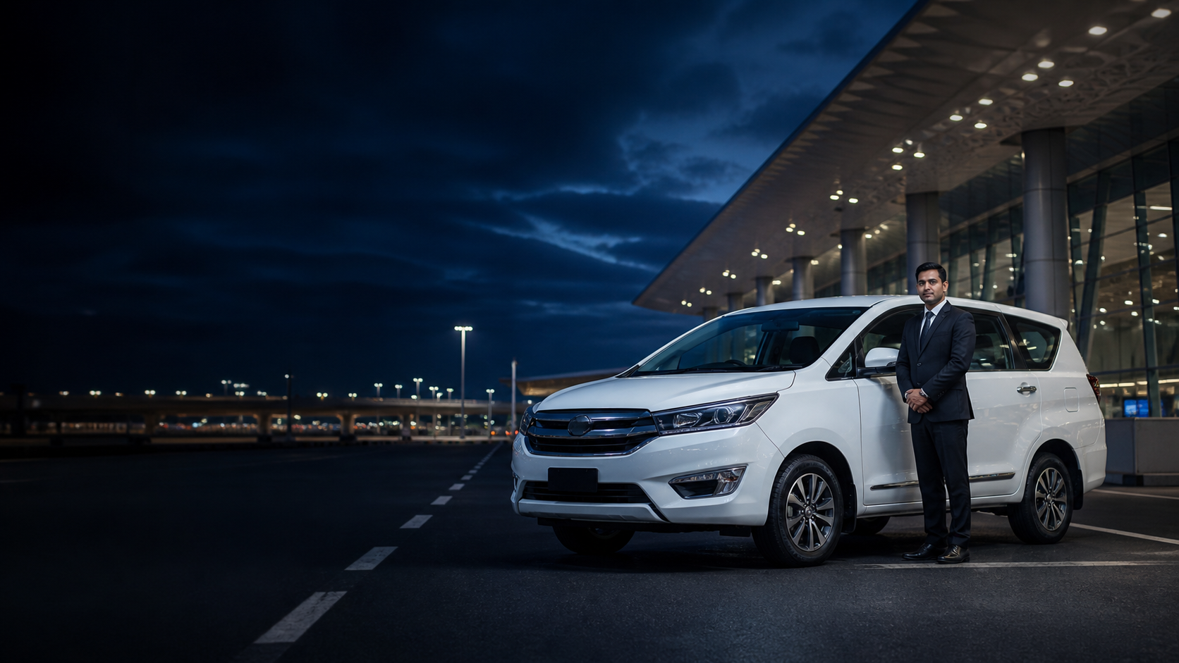 Professional chauffeur with premium taxi at an airport